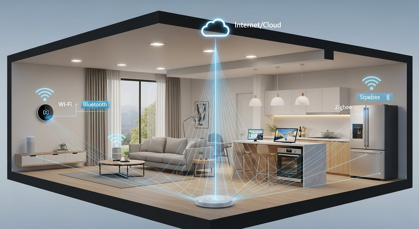 Photorealistic image demonstrating how smart home works, showing various interconnected smart devices (thermostat, light, speaker) in a home, with wireless signals connecting them to a central hub and then to a cloud icon.