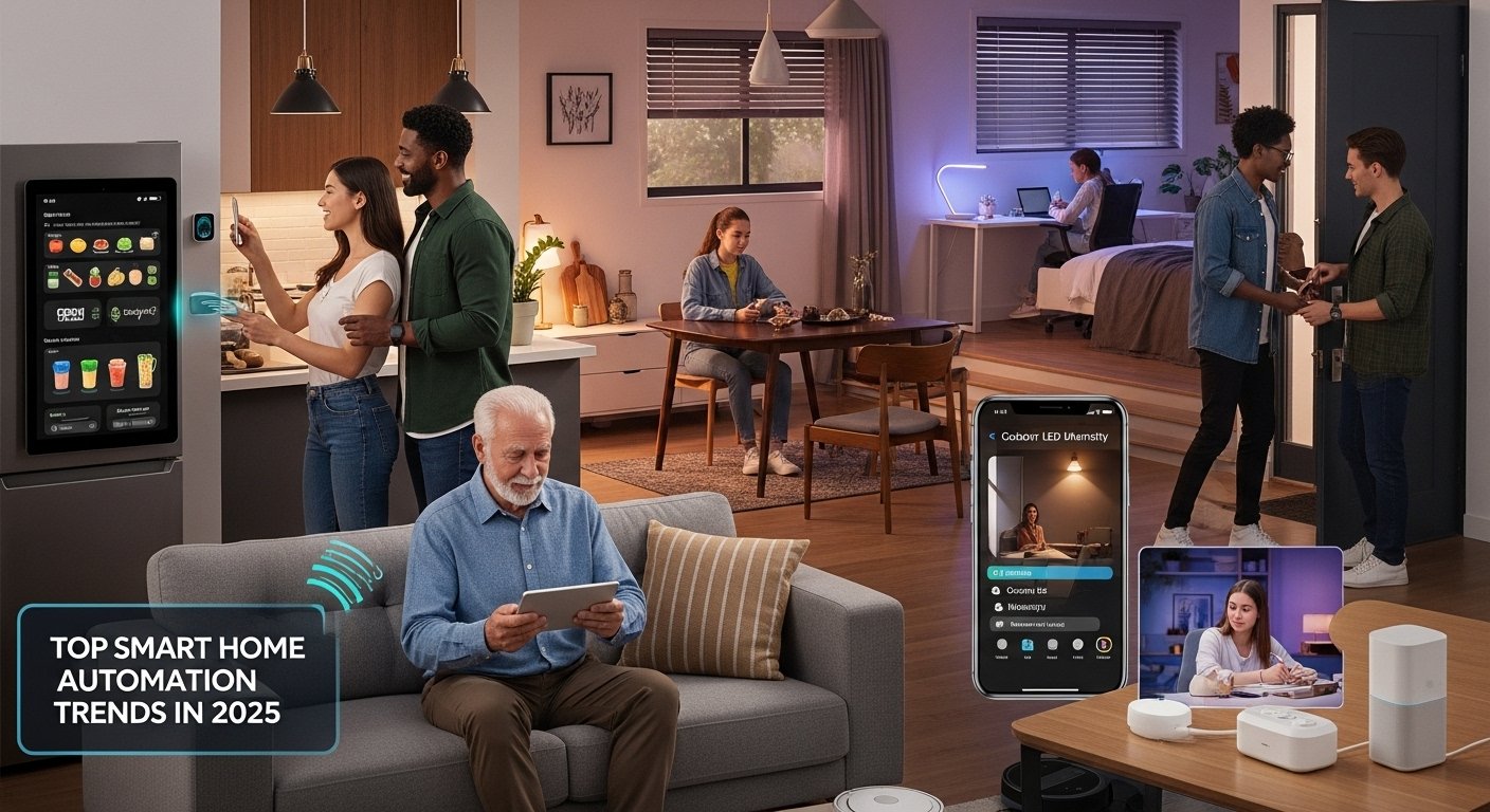 Photorealistic image depicting a diverse group of people from various demographics interacting with smart home technology, signifying the growing accessibility and market expansion of Top Smart Home Automation Trends in 2025.