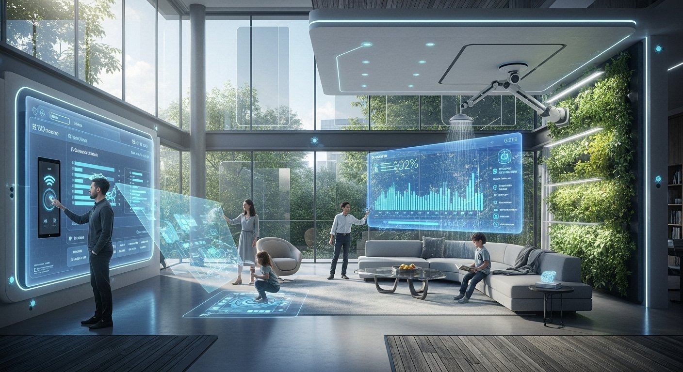 Photorealistic image depicting a futuristic home interior with advanced smart home automation benefits, showcasing the concept of future-proofing a home.