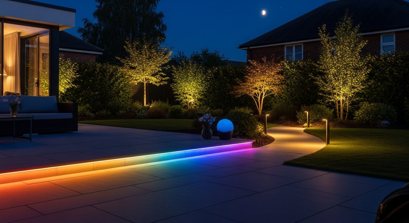 Photorealistic image of a beautiful backyard at night, illuminated by various smart outdoor devices like colored LED strip lights under a patio edge, and subtle smart landscape lighting highlighting trees. Show the smart outdoor devices creating a welcoming and modern atmosphere.