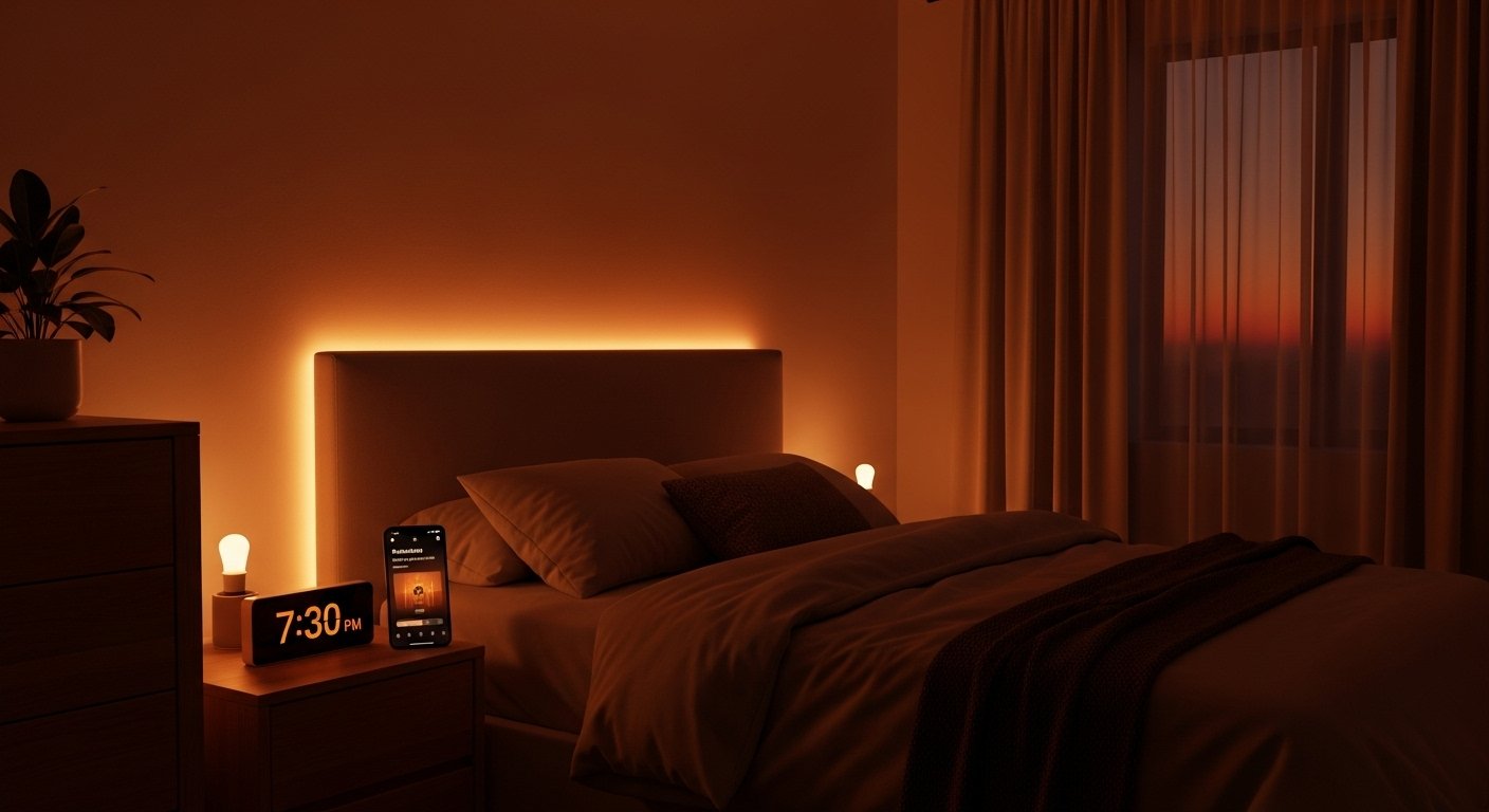 Photorealistic image of a bedroom with circadian lighting, showing warm, dim light in the evening to promote relaxation, illustrating smart lighting tricks.