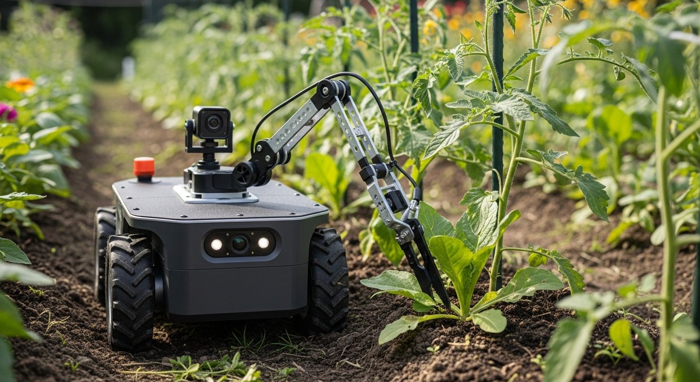 Photorealistic image of a compact automated weeding robot carefully moving between rows of garden plants, identifying and removing weeds. Show the smart garden tools in action.