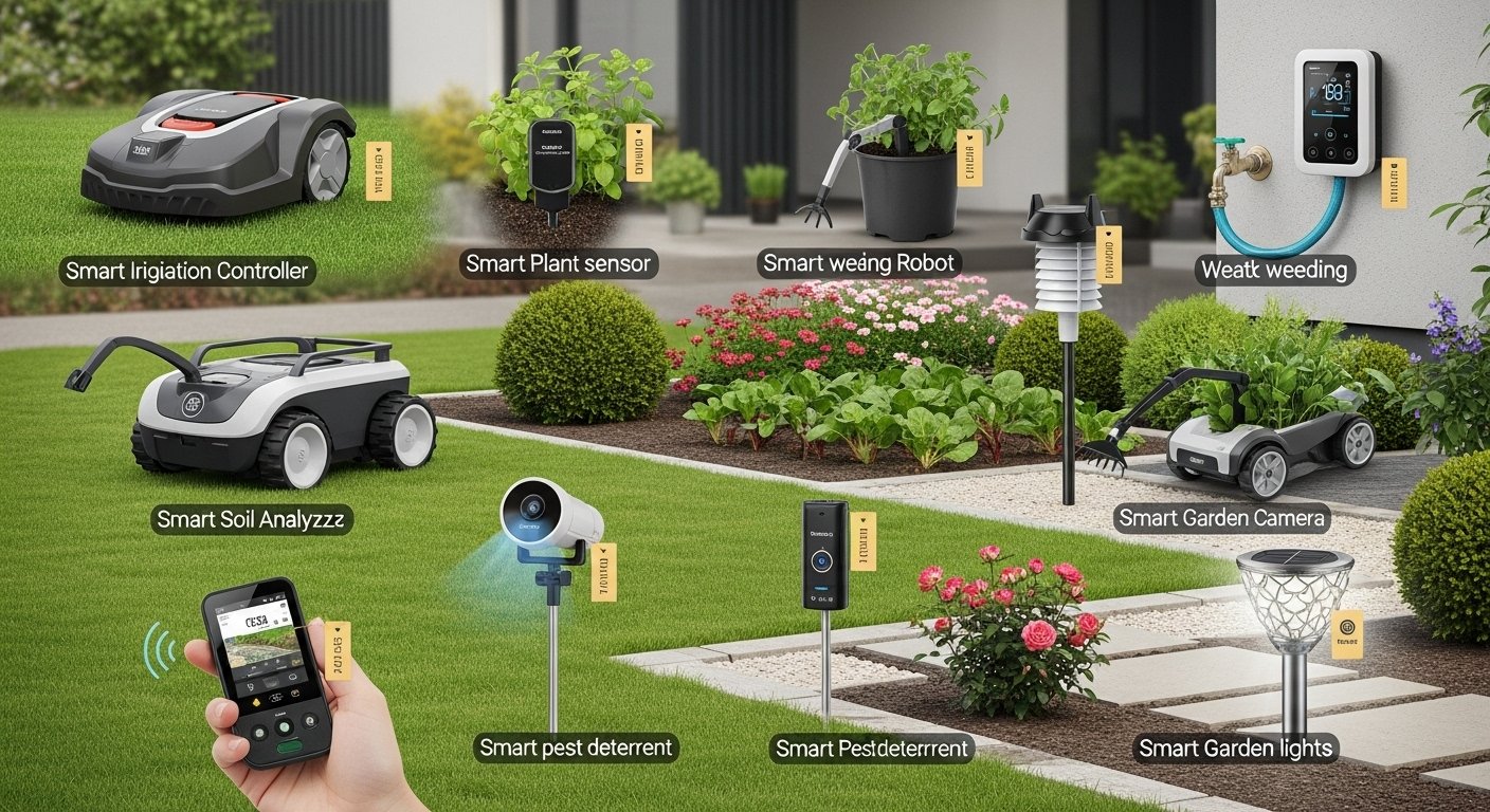 Photorealistic image of a diverse range of 9 smart garden tools, clearly labeled or distinct, set in a modern, well-maintained garden or yard environment. The focus is on the smart garden tools themselves. High resolution, vibrant colors.