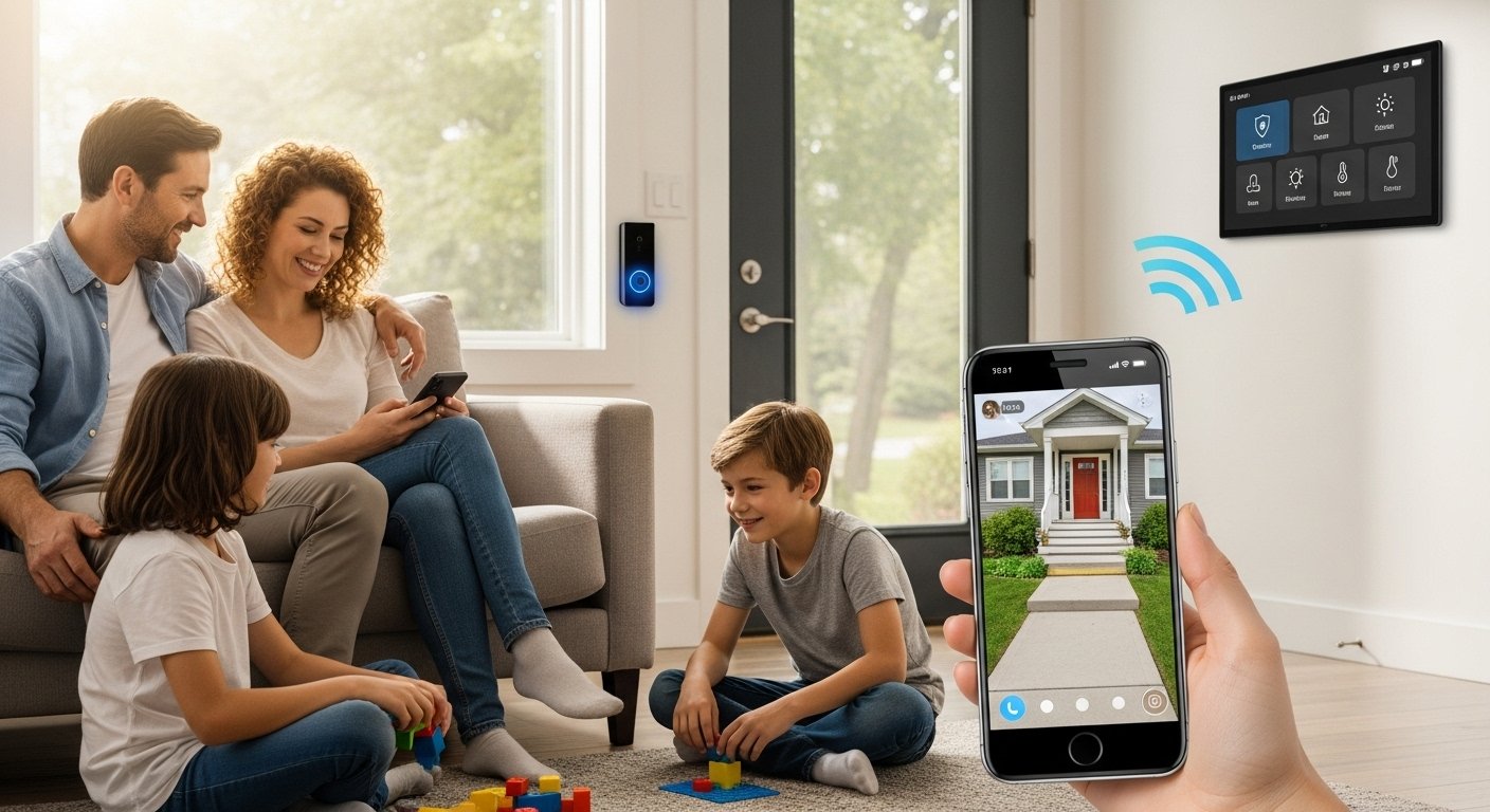 Photorealistic image of a family feeling secure in their home with a smart home automation benefits security system visible, showing a smart doorbell camera and a smartphone displaying live feed.