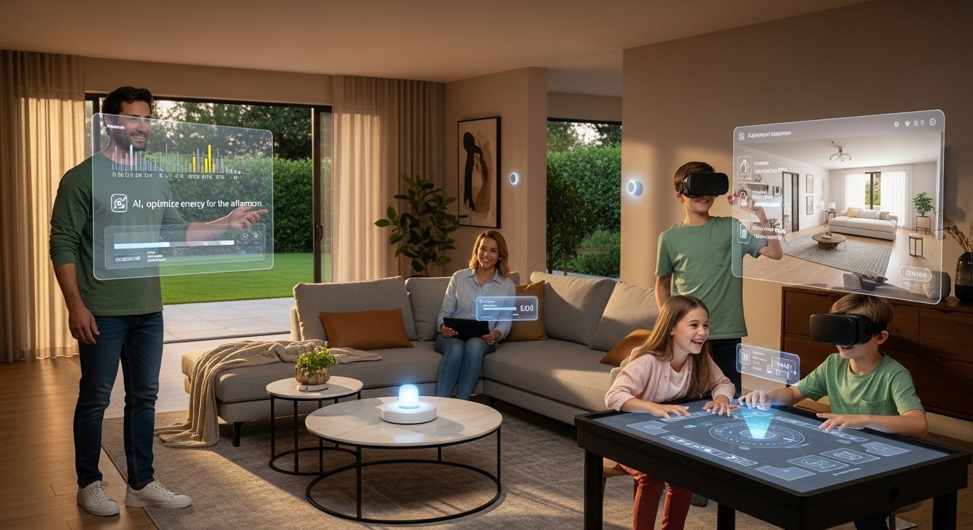 Photorealistic image of a family interacting effortlessly with an AI-powered smart home system, using natural voice commands and subtle gestures, illustrating Top Smart Home Automation Trends in 2025 and AI's role in personalized living.