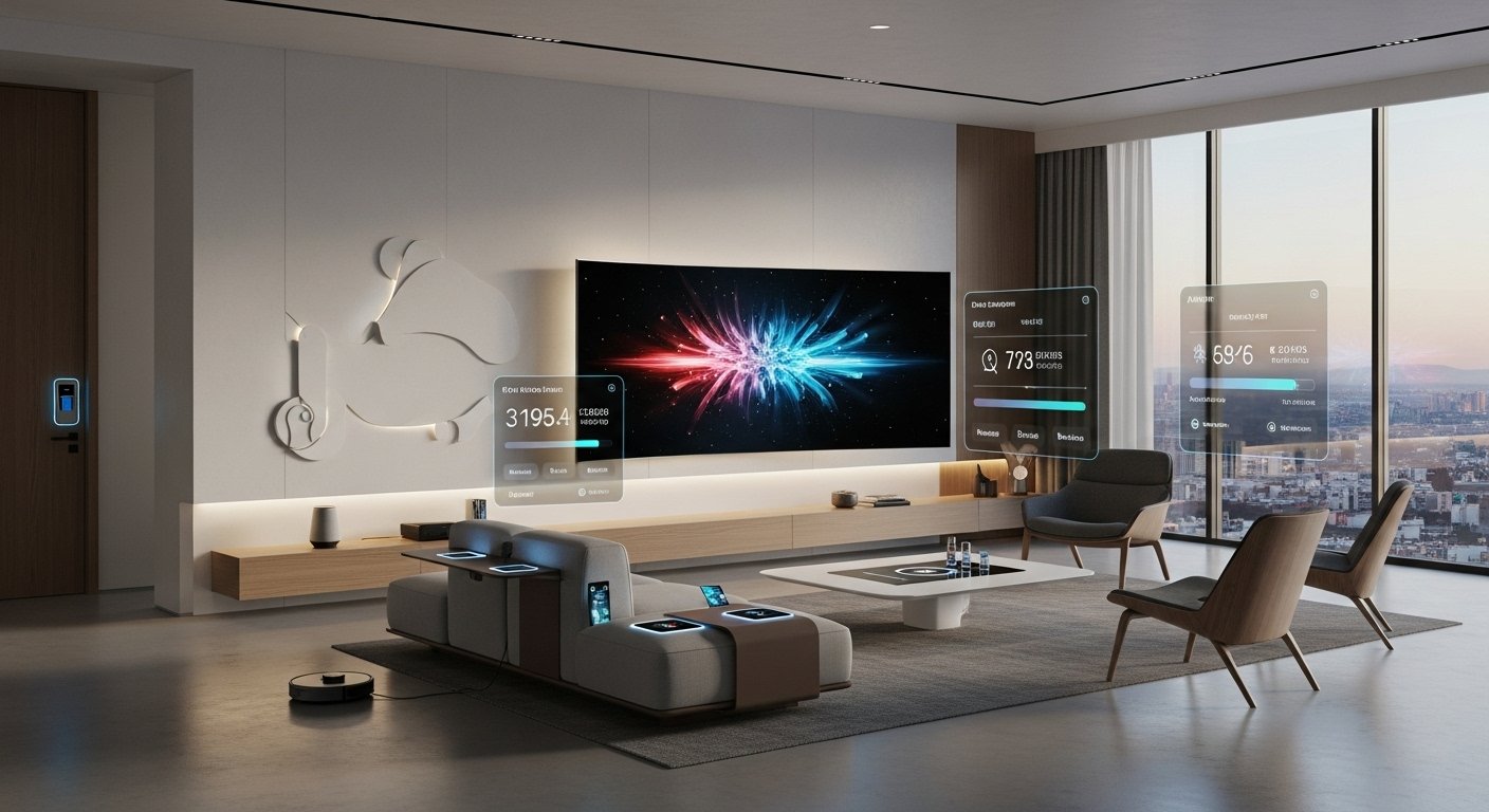 Photorealistic image of a futuristic living room showcasing integrated smart home devices, ambient lighting, and subtle AI interfaces, reflecting the Top Smart Home Automation Trends in 2025.