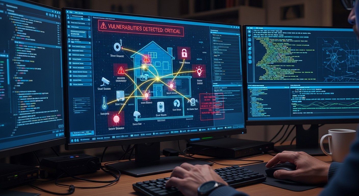 Photorealistic image of a hacker's view of a smart home network, highlighting vulnerabilities and showing smart home security devices at risk.
