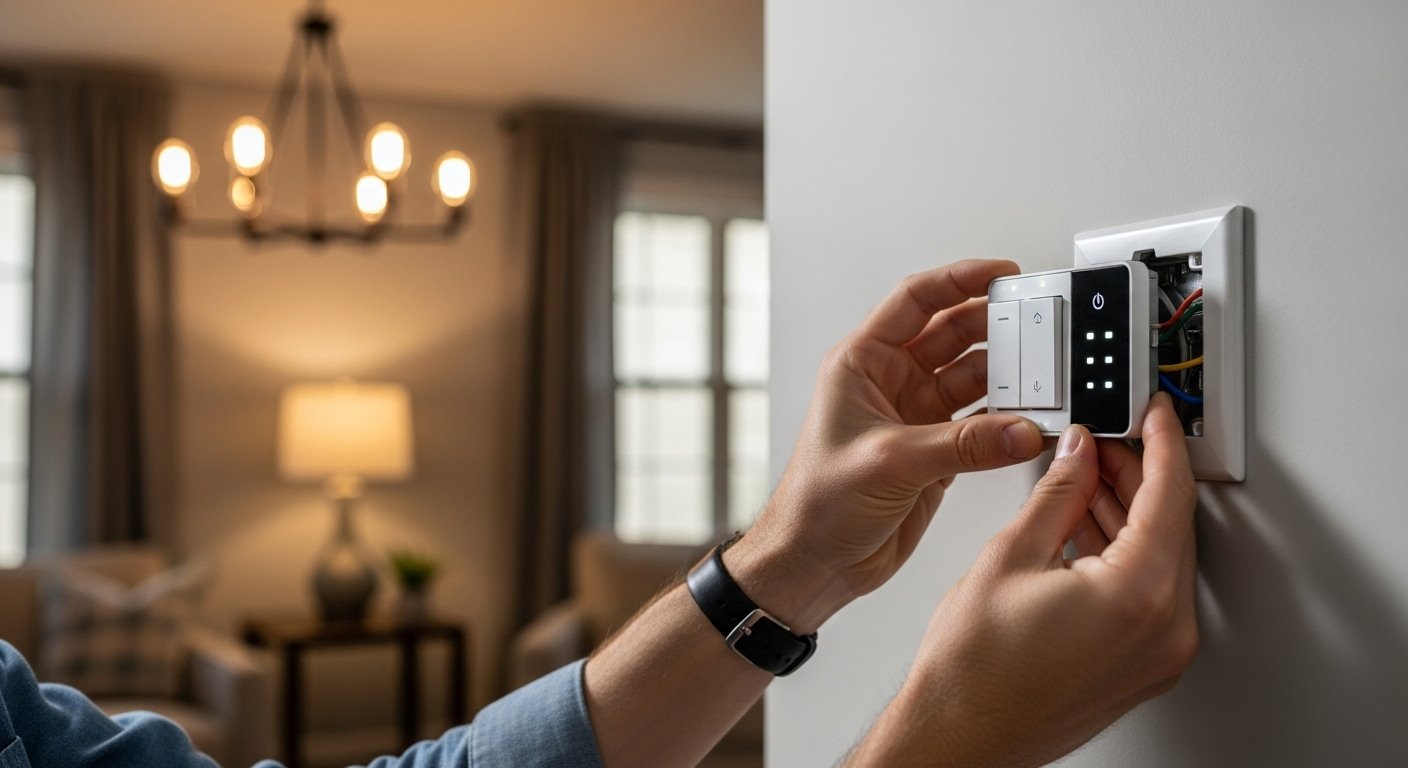 Photorealistic image of a hand installing a smart dimmer switch on a wall, with existing non-smart light fixtures in the background, demonstrating smart lighting tricks.