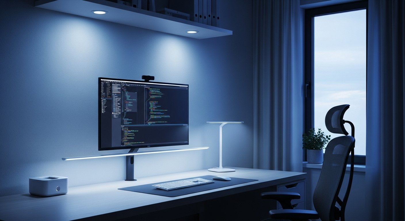 Photorealistic image of a home office with smart lighting set to a cool white color temperature, illuminating a desk and computer for productivity, showcasing smart lighting tricks.