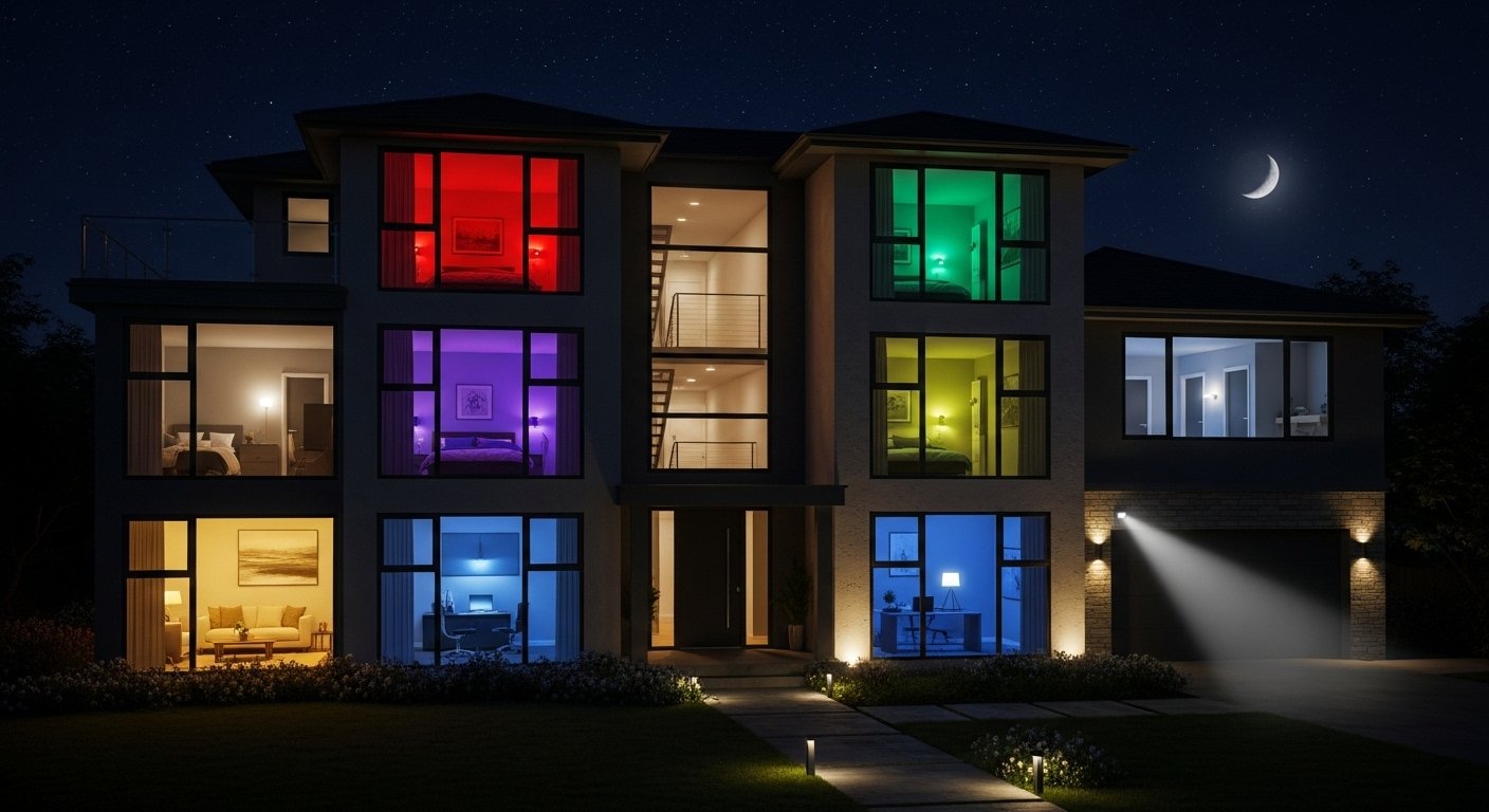 Photorealistic image of a house at night, with various smart lights turning on and off in different rooms, simulating occupancy to enhance security, showcasing smart lighting tricks.