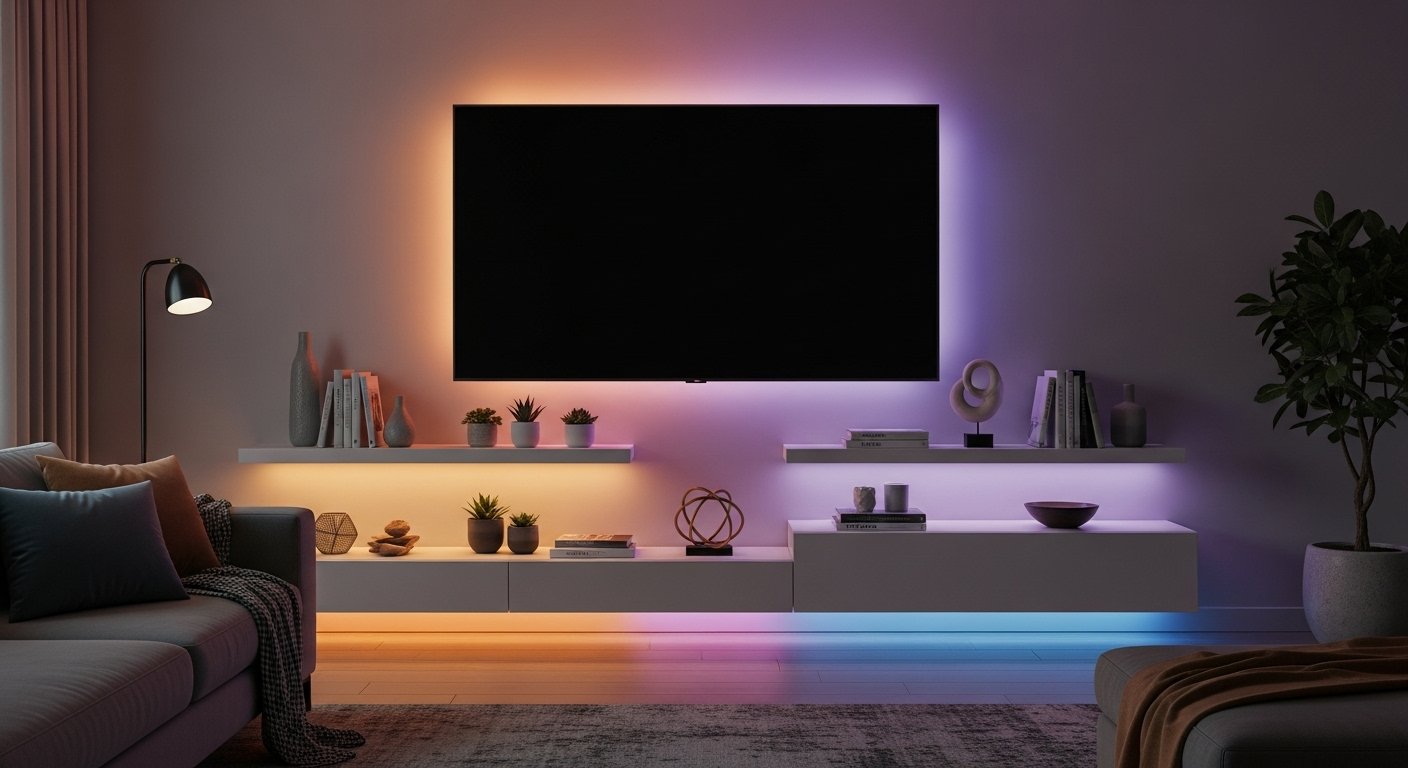 Photorealistic image of a living room with smart light strips behind a TV and under shelving, creating ambient backlighting and colorful accents, demonstrating creative smart lighting tricks.