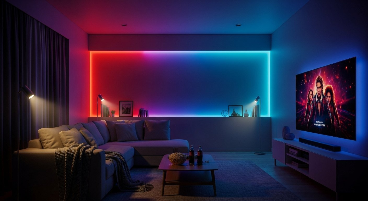 Photorealistic image of a living room with smart lighting tricks, showing dynamic scenes changing colors for a 'Movie Night' ambiance.