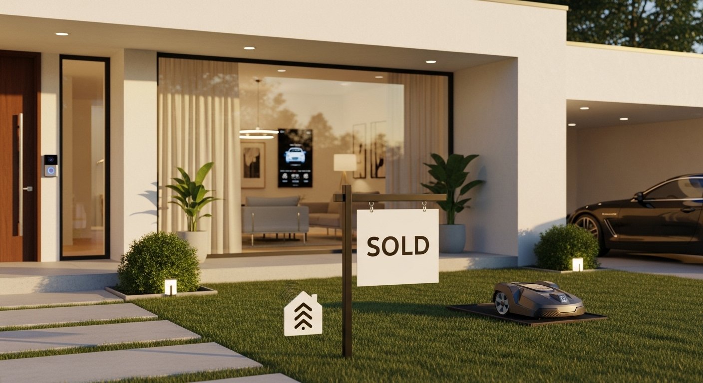 Photorealistic image of a modern home with a 'Sold' sign out front, subtly hinting at smart home automation benefits increasing property value.