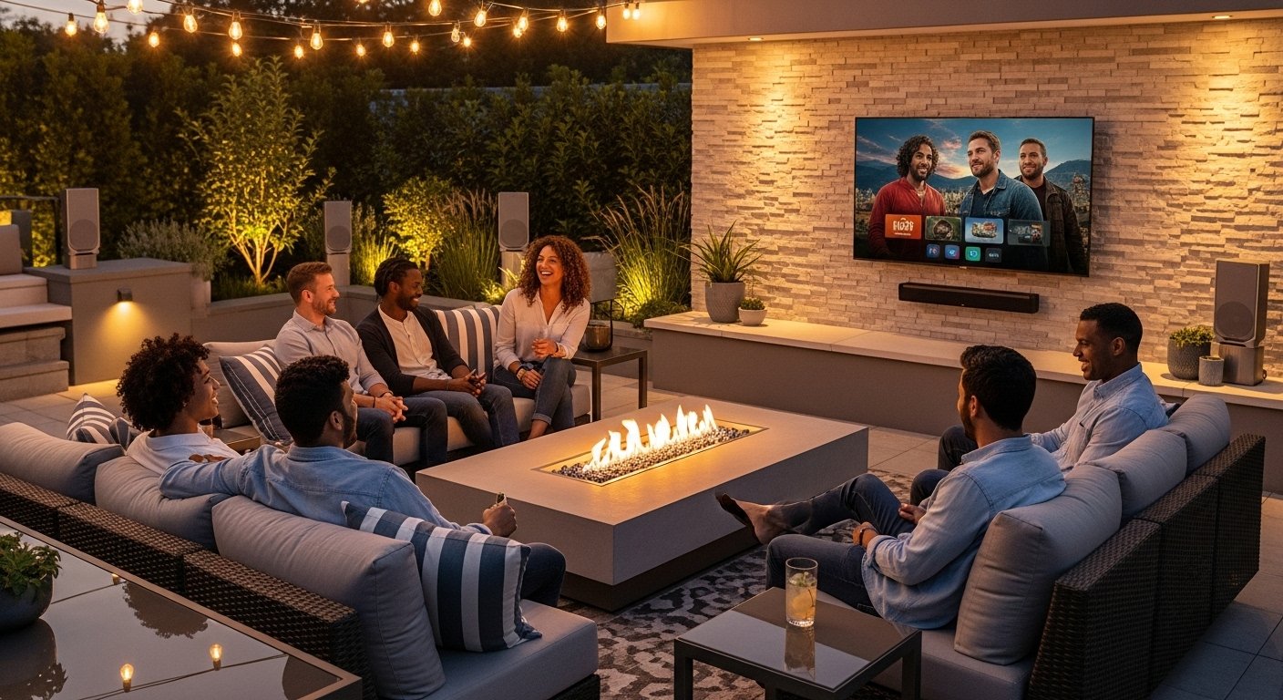 Photorealistic image of a modern patio featuring discreetly placed outdoor smart speakers and a wall-mounted outdoor smart TV, showing people enjoying a movie or music outdoors. Highlight the entertainment aspect of smart outdoor devices.
