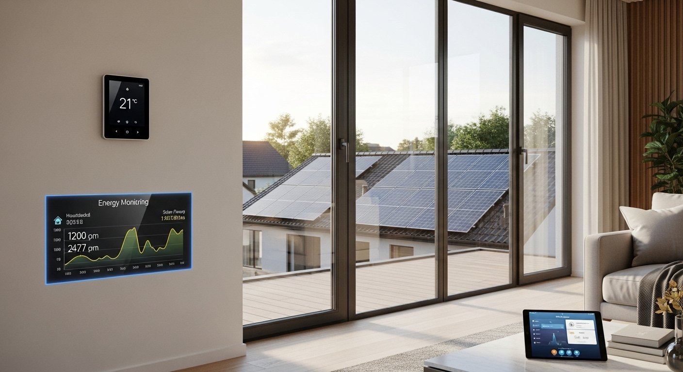 Photorealistic image of a modern smart home interior with smart thermostats, energy monitoring displays, and solar panels visible outside, symbolizing Top Smart Home Automation Trends in 2025 and energy efficiency.