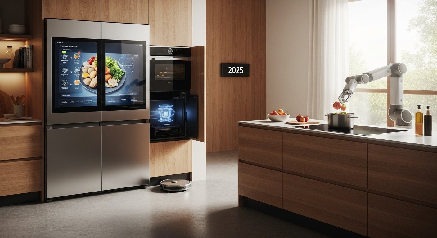 Photorealistic image of a modern smart kitchen with integrated smart appliances, a robotic vacuum cleaning the floor, and a holographic recipe display, showcasing Top Smart Home Automation Trends in 2025 for kitchen and robotics.