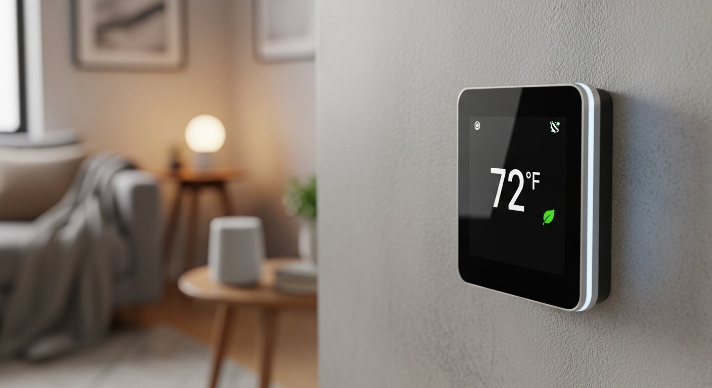 Photorealistic image of a modern smart thermostat mounted on a wall, displaying a comfortable temperature, with a blurred background of a cozy home interior, highlighting smart home devices for beginners focused on energy efficiency.