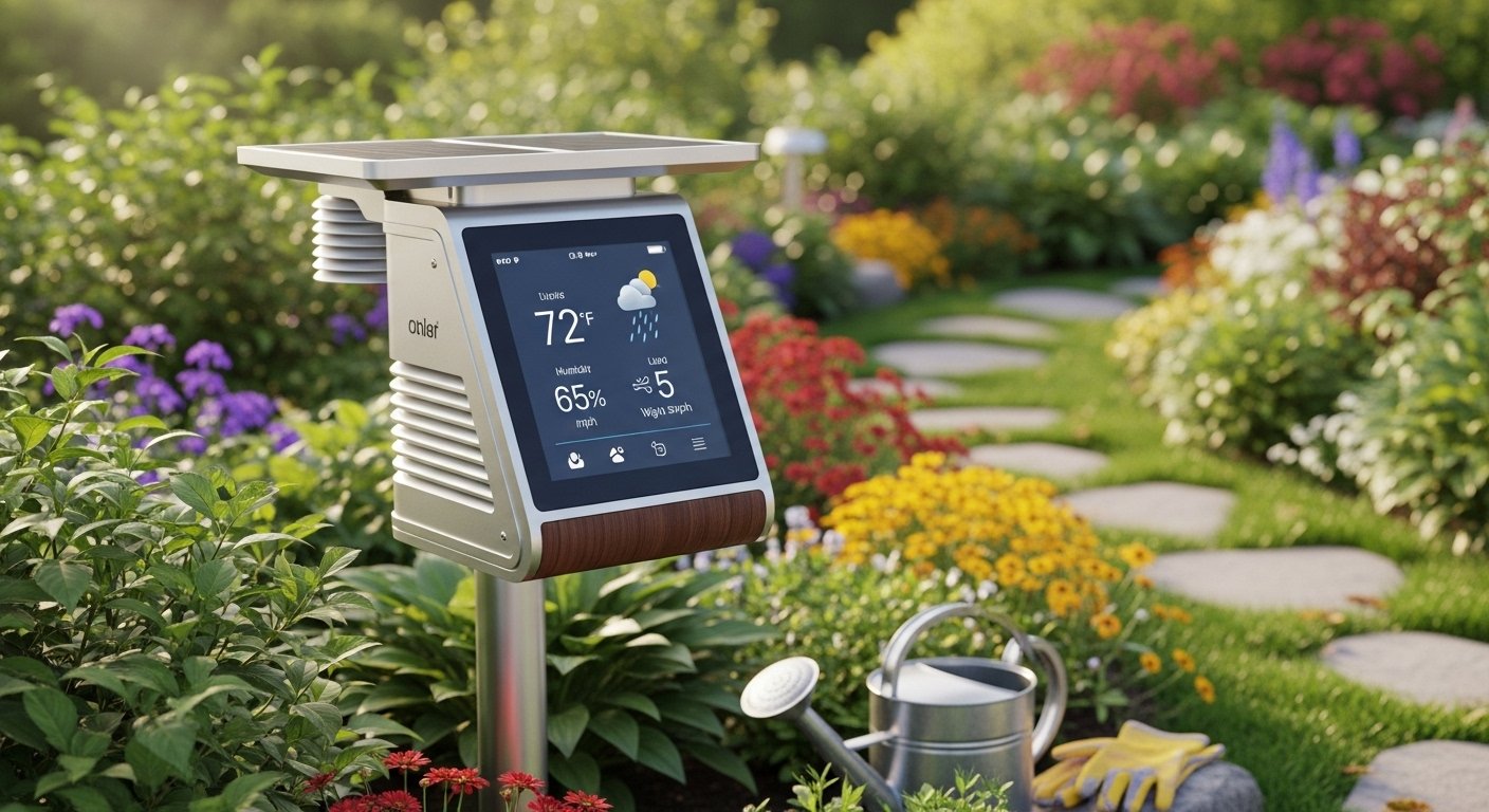 Photorealistic image of a modern smart weather station for garden integrated into a garden landscape, displaying environmental data. Highlight its function as smart garden tools.