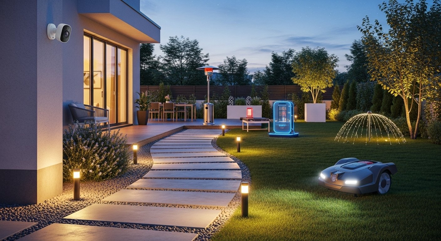 Photorealistic image of a modern, well-lit backyard at dusk, showcasing various smart outdoor devices like path lights, security cameras, and a robot lawn mower, all integrated seamlessly. Focus on the sophisticated design and ease of use of these smart outdoor devices.