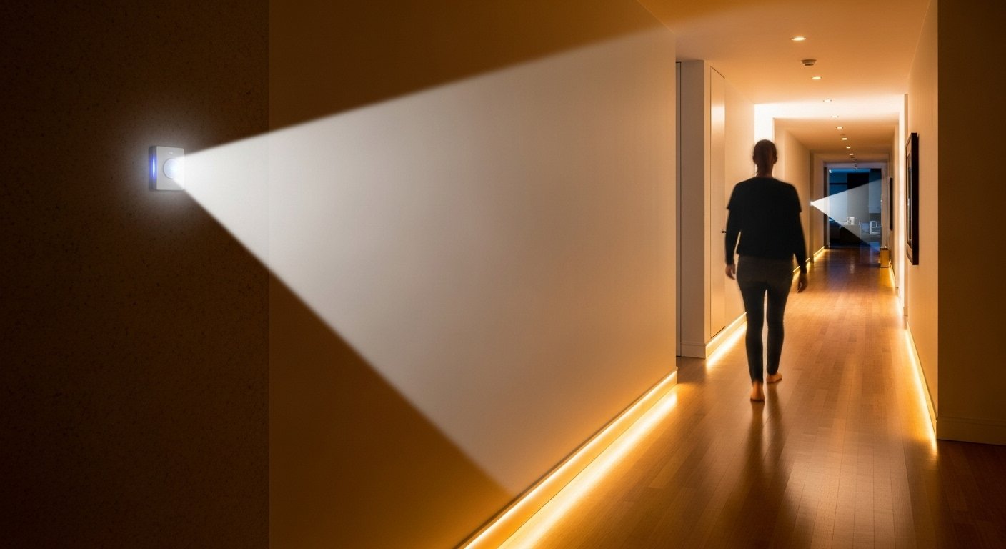 Photorealistic image of a motion sensor triggering smart lights in a hallway, illuminating the path as someone walks through, highlighting smart lighting tricks.