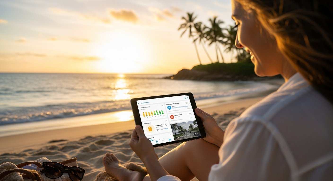 Photorealistic image of a person checking their smart home automation benefits on a tablet while sitting on a beach, illustrating remote home control.