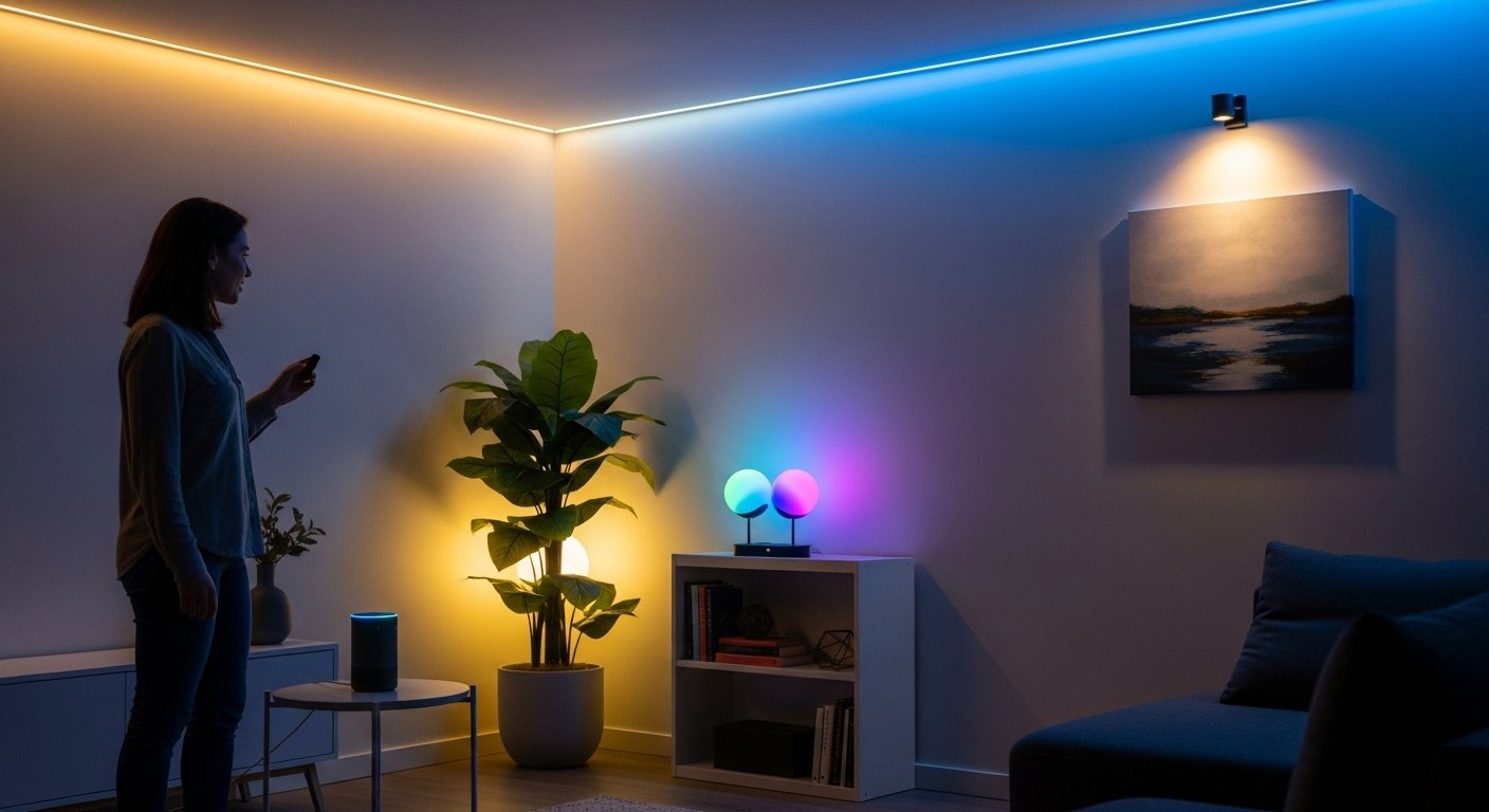 Photorealistic image of a person speaking to an Amazon Alexa device, and smart lights in a room responding to voice commands, showcasing smart lighting tricks.
