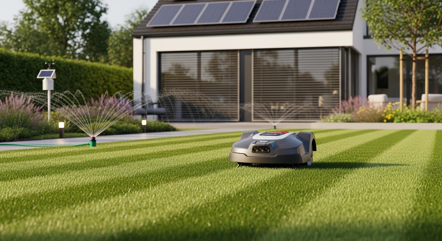 Photorealistic image of a robot lawn mower autonomously cutting grass in a neat backyard, with a smart home in the background. Focus on the smart garden tools.