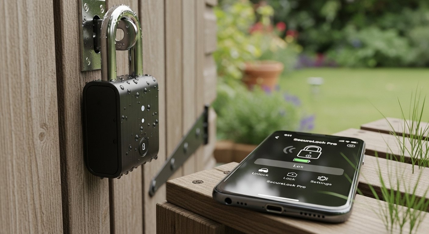 Photorealistic image of a robust, modern smart outdoor padlock securing a garden shed, with a smartphone nearby displaying unlock options. Focus on the enhanced security provided by smart outdoor devices.