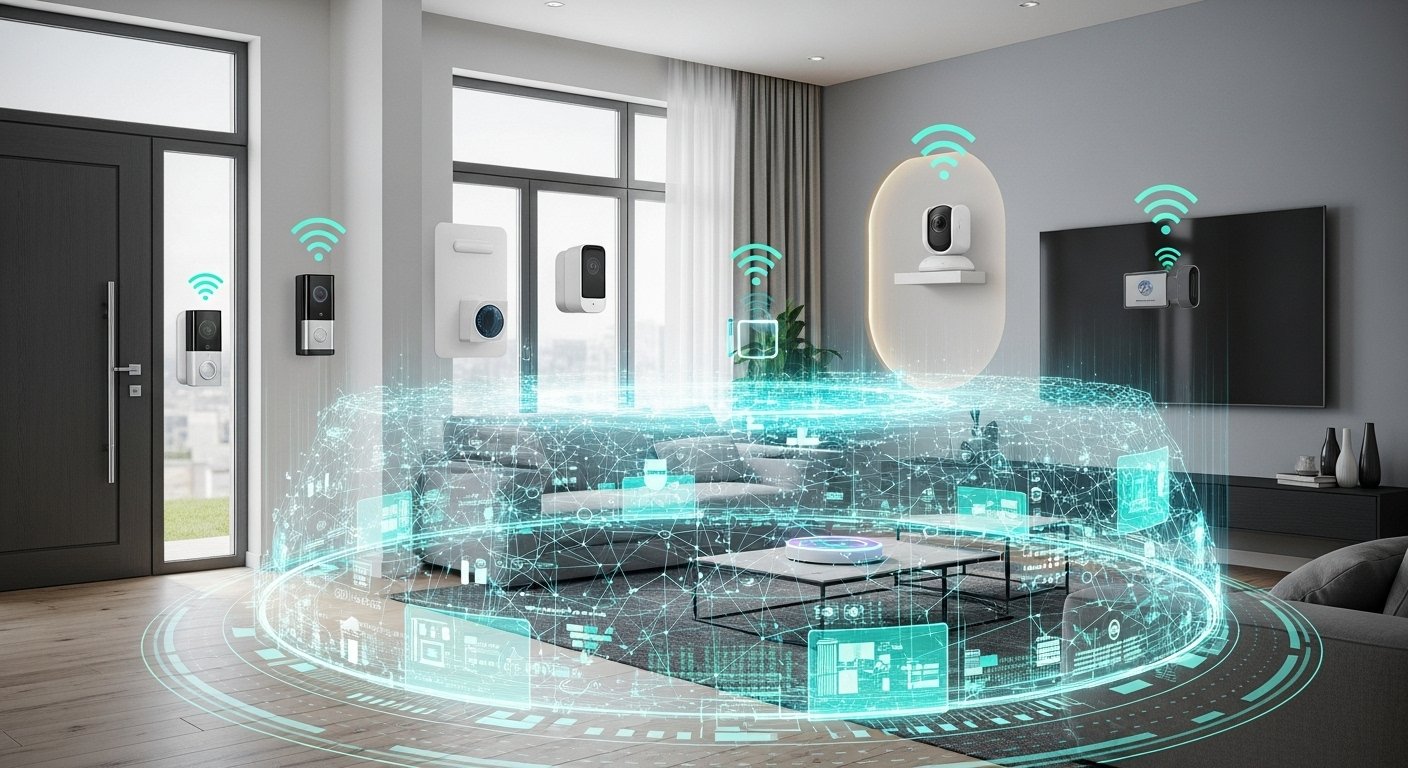 Photorealistic image of a secure smart home with various smart home security devices integrated, showing a protective digital shield or firewall effect.