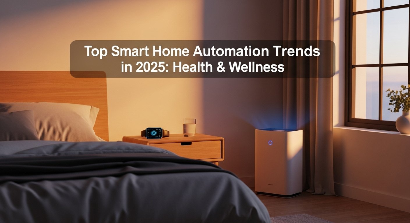 Photorealistic image of a serene bedroom with smart circadian lighting gently adjusting, an air purifier running silently, and a wearable device on a nightstand, illustrating Top Smart Home Automation Trends in 2025 for health and wellness.