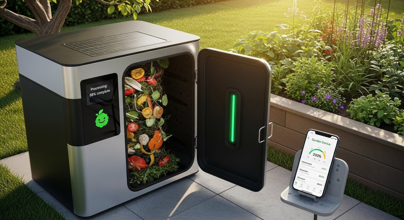 Photorealistic image of a sleek, modern automated composting solution in a backyard setting, showing organic waste being processed. Highlight its function as smart garden tools.