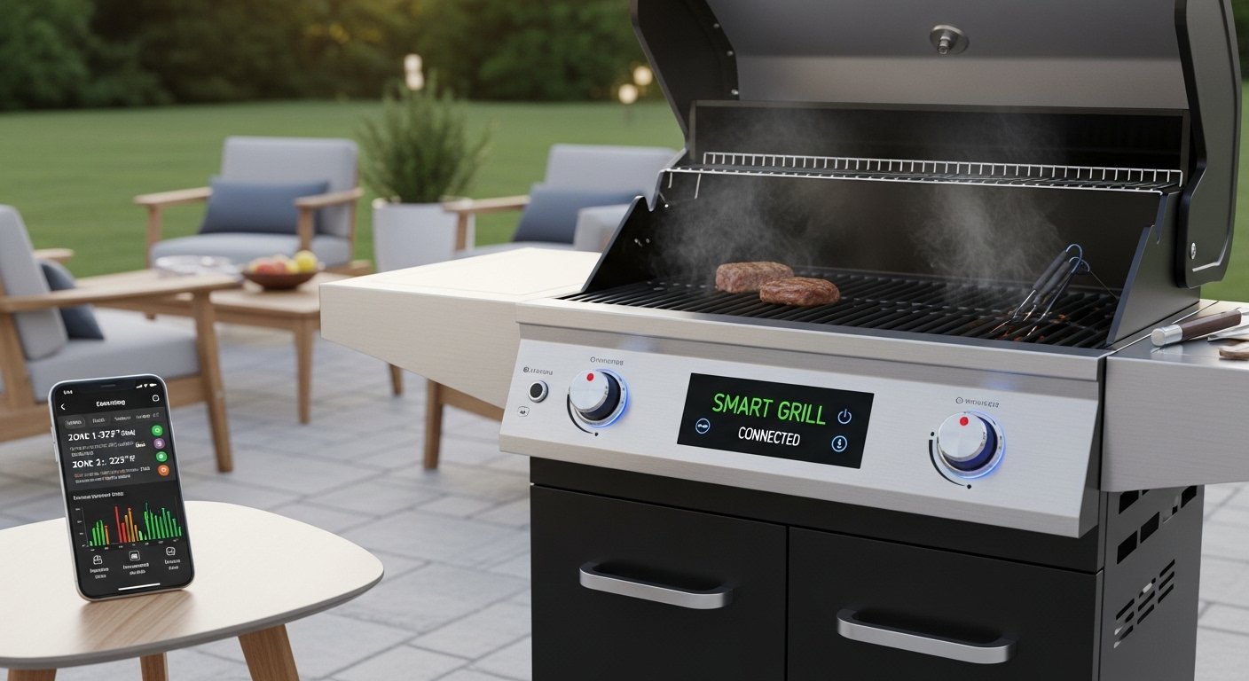 Photorealistic image of a sleek, modern smart grill on a patio, with a smartphone displaying grilling temperatures nearby. The image should convey precision cooking through smart outdoor devices.