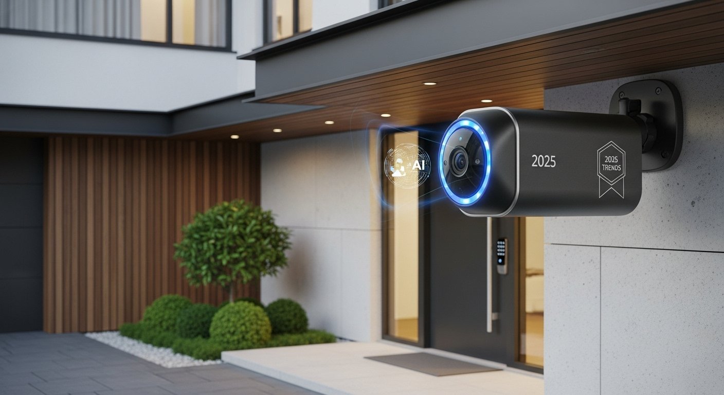 Photorealistic image of a sleek, modern smart home security camera with integrated AI features, overlooking a front entrance, representing Top Smart Home Automation Trends in 2025 and advanced security.