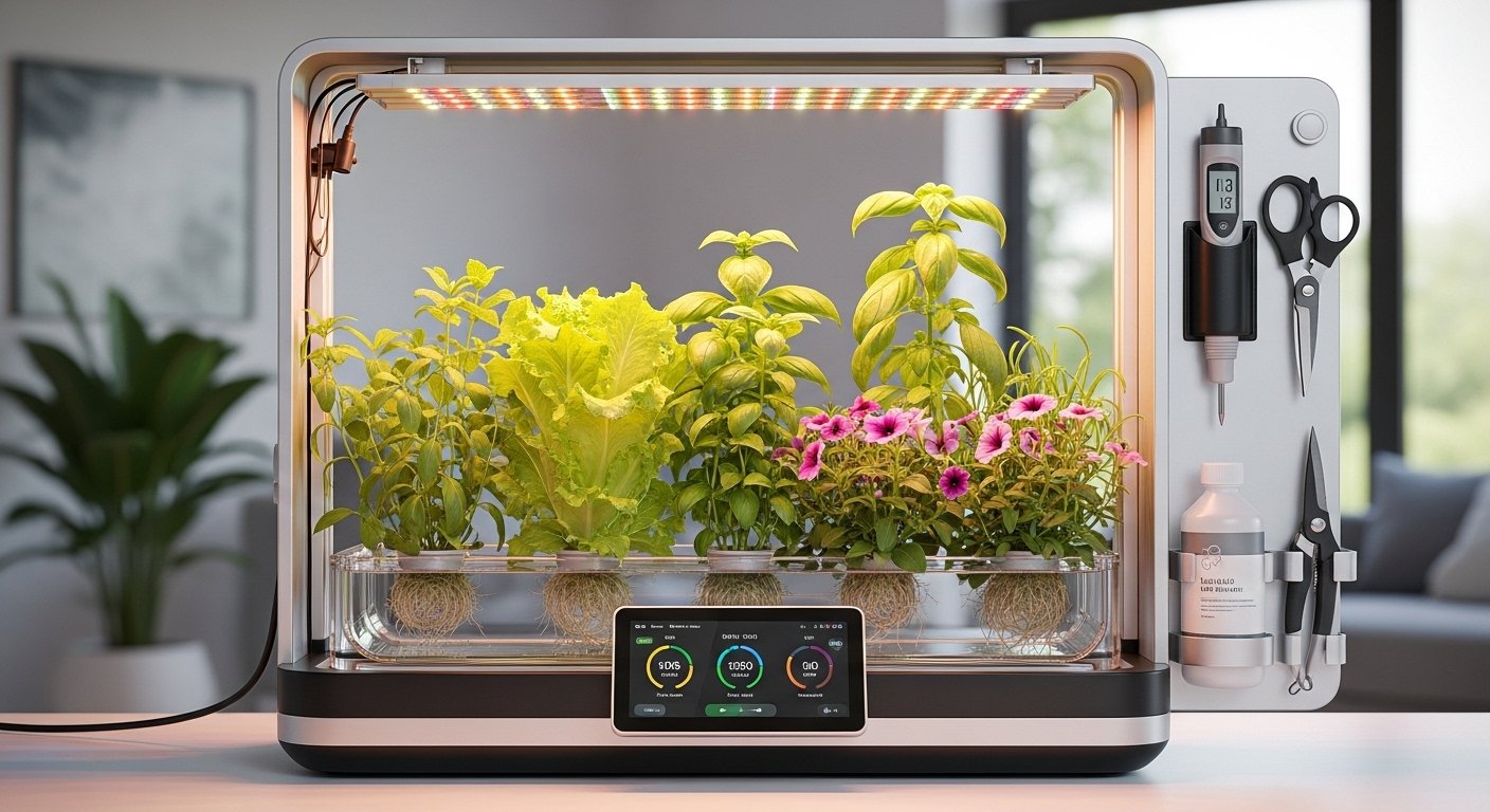 Photorealistic image of a sleek smart hydroponic grow system with various plants thriving under integrated smart grow lights in an indoor setting. Highlight the smart garden tools.