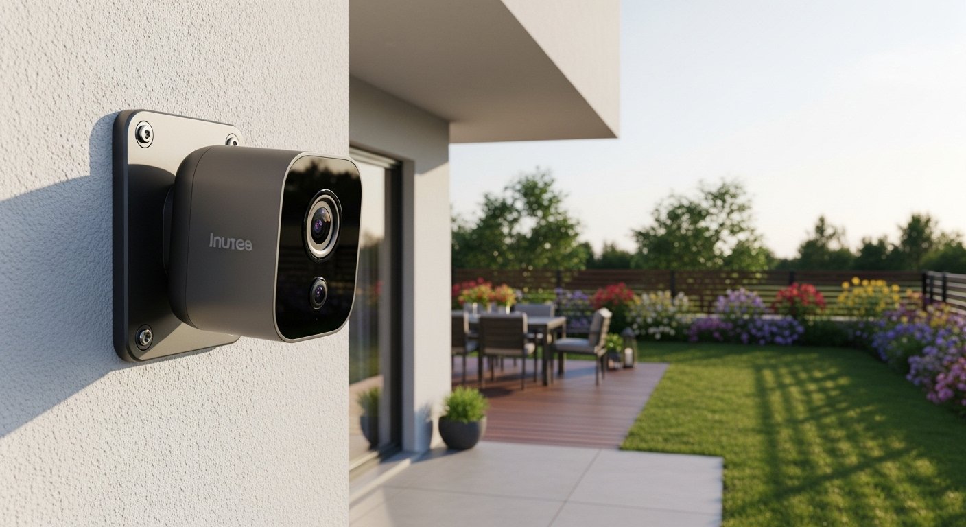 Photorealistic image of a sleek, weather-resistant smart outdoor security camera mounted on a house, overlooking a backyard. The camera features a wide-angle lens, and the image subtly conveys advanced technology for smart outdoor devices.
