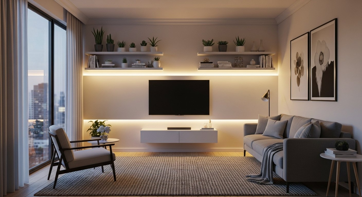 Photorealistic image of a small modern apartment living area with smart light strips under shelves and behind a sofa, creating ambient lighting and making the space feel larger, demonstrating smart lighting tricks.