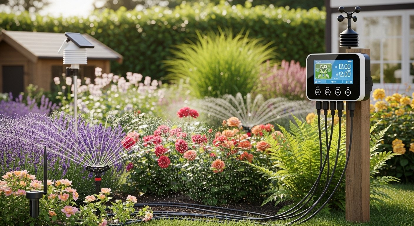Photorealistic image of a smart irrigation system with a smart sprinkler controller in a lush green garden, showing water being precisely delivered to plants. Focus on the smart garden tools.