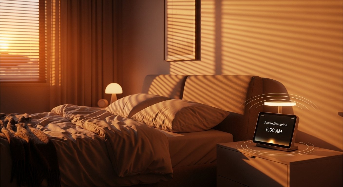 Photorealistic image of a smart lighting setup with schedules and timers, showing lights turning on gradually in a bedroom as a sunrise simulation, illustrating smart lighting tricks.