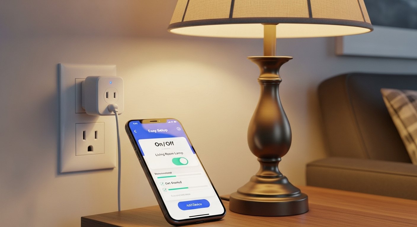 Photorealistic image of a smart plug plugged into a wall outlet, with a traditional lamp plugged into the smart plug, and a smartphone screen nearby showing the smart plug's control interface, emphasizing easy setup for smart home devices for beginners.