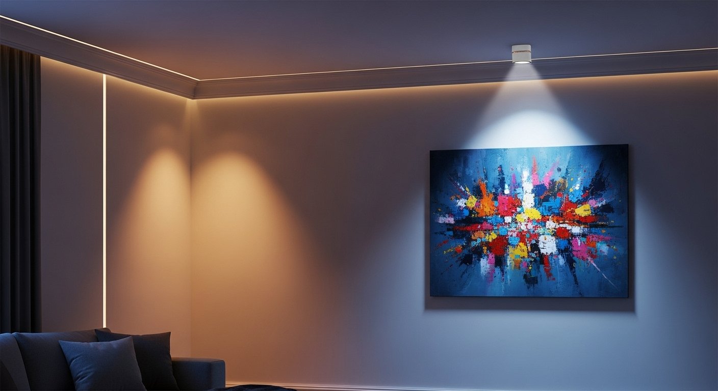 Photorealistic image of a smart spotlight highlighting a piece of artwork on a wall in a living room, showcasing artistic smart lighting tricks.