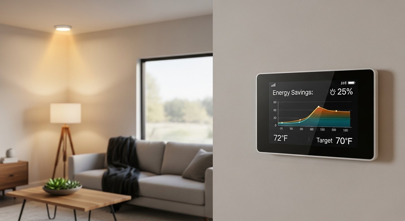 Photorealistic image of a smart thermostat displaying energy savings, with smart lighting subtly illuminating a modern home interior, emphasizing smart home automation benefits.