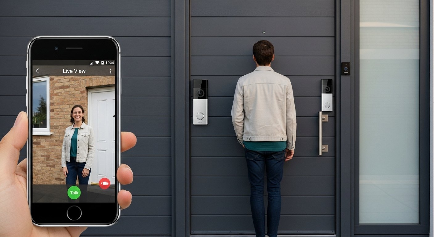 Photorealistic image of a smart video doorbell on a modern front door, with a clear view of a person standing outside, and a smartphone displaying the doorbell's live feed in the foreground, demonstrating smart home devices for beginners for security.