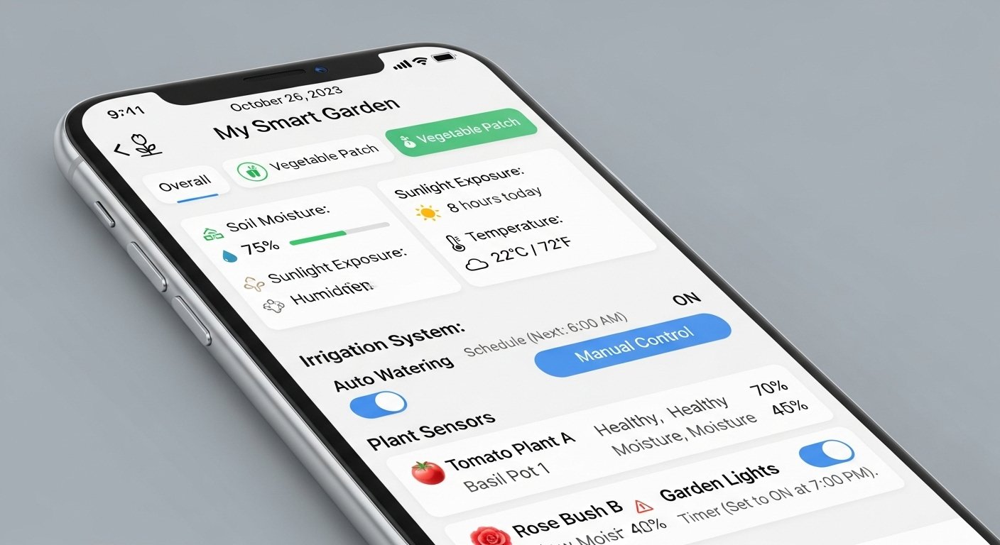 Photorealistic image of a smartphone screen displaying a user-friendly garden management app interface with various smart garden tools data and controls. Focus on the app's functionality.