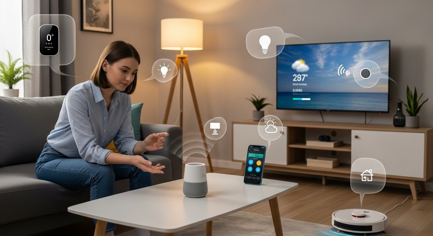 Photorealistic image of a student interacting with a voice assistant, controlling various smart devices in a living room, illustrating how smart home works with voice commands.