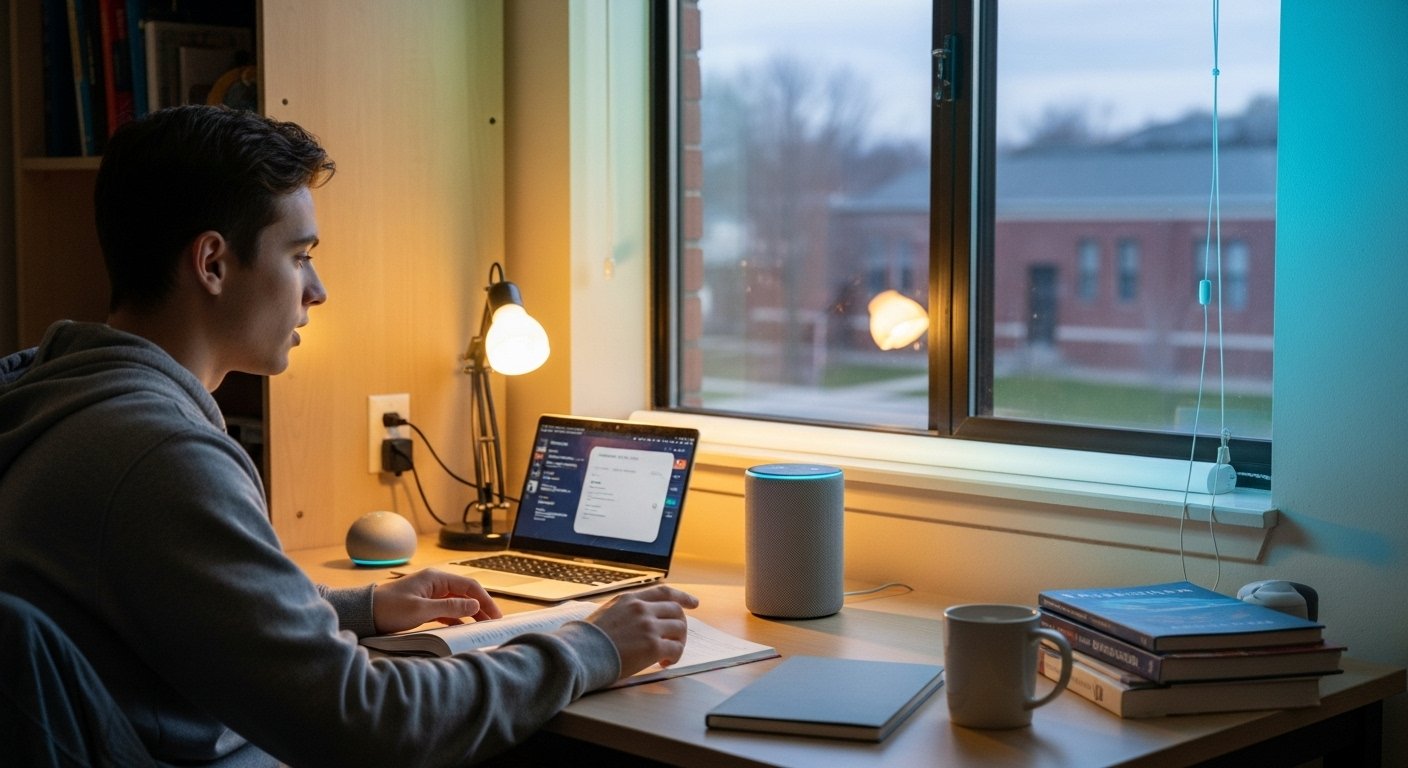 Photorealistic image of a student interacting with an Amazon Echo smart speaker on a desk in a dormitory room, with smart lighting subtly changing color in the background, showcasing smart home devices for beginners for voice control and convenience.