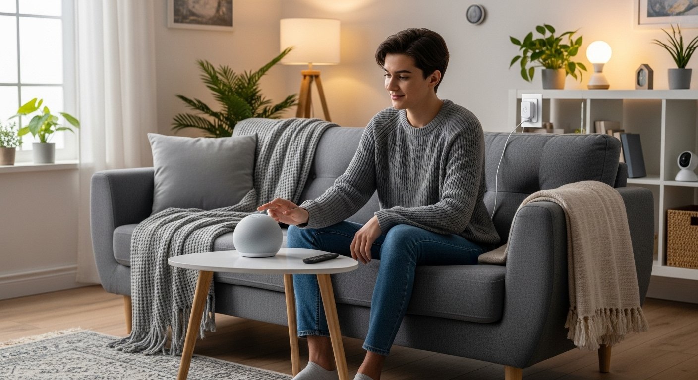 Photorealistic image of a student sitting on a couch, casually interacting with a smart speaker, surrounded by other smart home devices for beginners like a smart plug in a wall outlet and a smart light bulb, creating a cozy and modern living space.