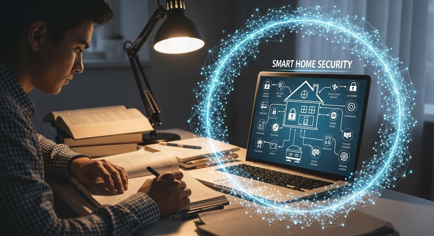 Photorealistic image of a student studying smart home security concepts, with a secure network visualized around a smart home diagram.