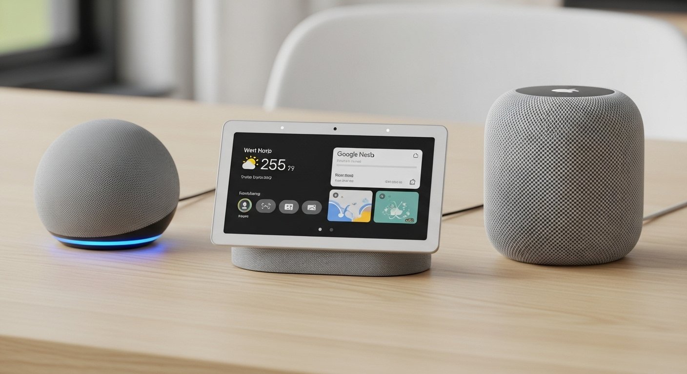 Photorealistic image of Amazon Echo, Google Nest Hub, and Apple HomePod devices on a table, representing the Alexa Google Apple Smart Home Hub comparison.