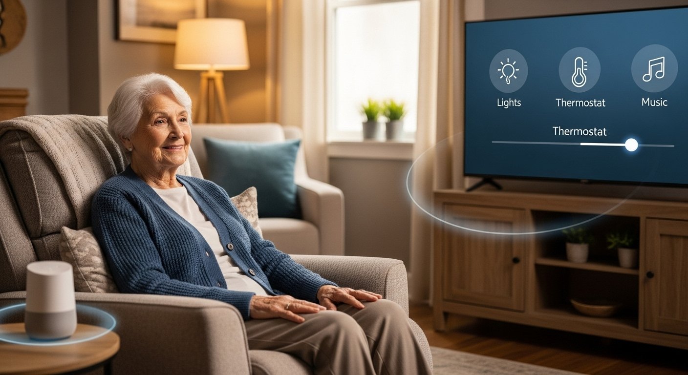 Photorealistic image of an elderly person comfortably using voice control to adjust smart home settings, demonstrating smart home automation benefits for accessibility.