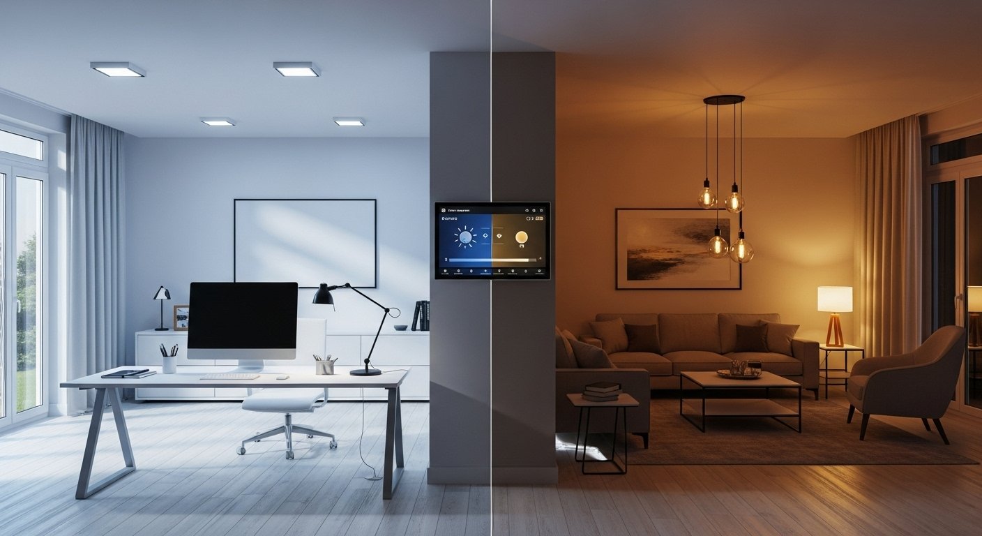 Photorealistic image of an open-plan living room with zoned smart lighting, showing a bright workspace area and a softly lit lounge area, demonstrating smart lighting tricks.